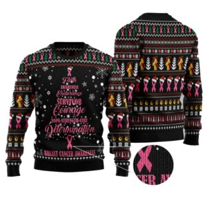 Faith Awareness Endurance Survivor Courage Hope Strength Cure Determination Breast Cancer Christmas Tree Ugly Christmas Sweater 4 6