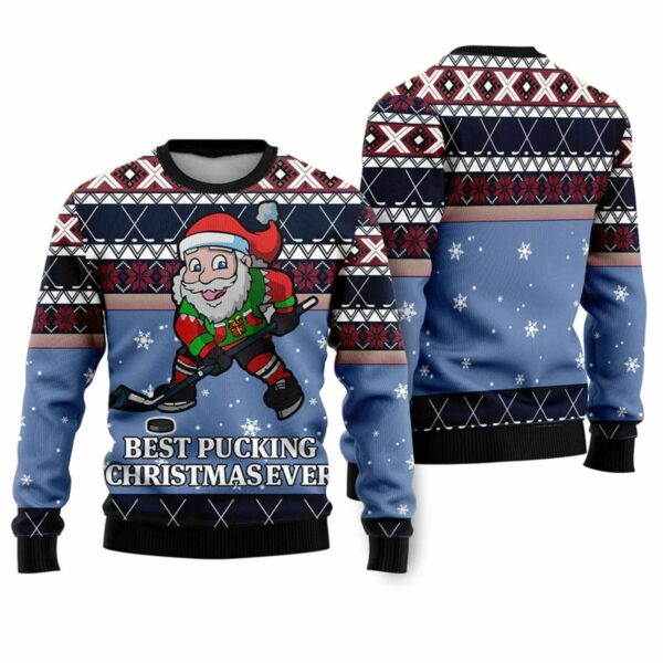 Funny Santa Playing Hockey Ugly Christmas Sweater 1 1