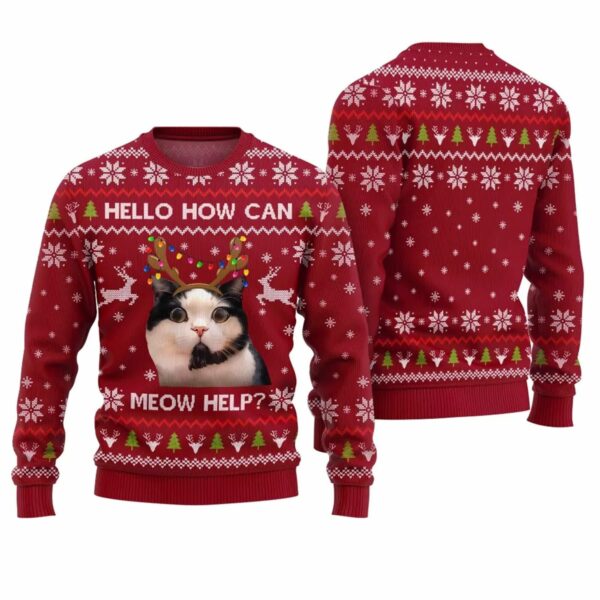 Hello How Can Meow Help Cat Ugly Christmas Sweater 1 1