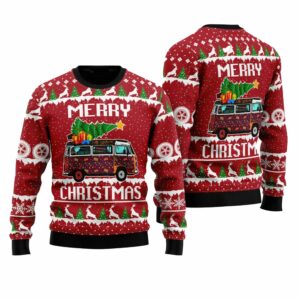 Hippie Car Merry Christmas Red Ugly Christmas Sweater 1 1