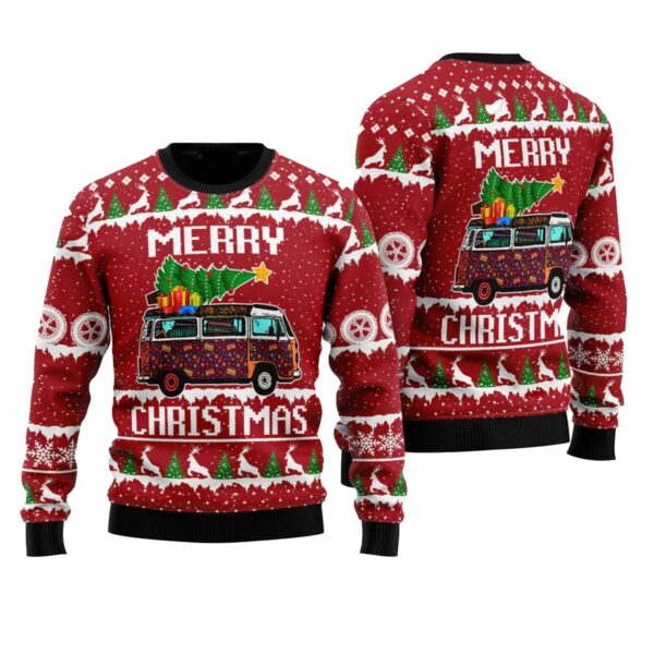 Hippie Car Merry Christmas Red Ugly Christmas Sweater 1 2