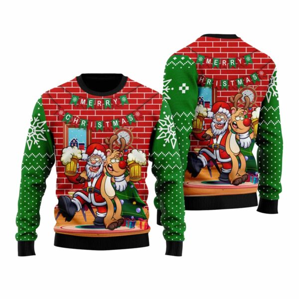 Santa Drink Beer With Reindeer Funny Ugly Christmas Sweater 1 1