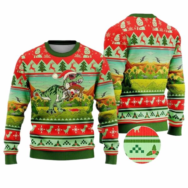 T Rex Eating Reindeer Ugly Christmas Sweater 4 6